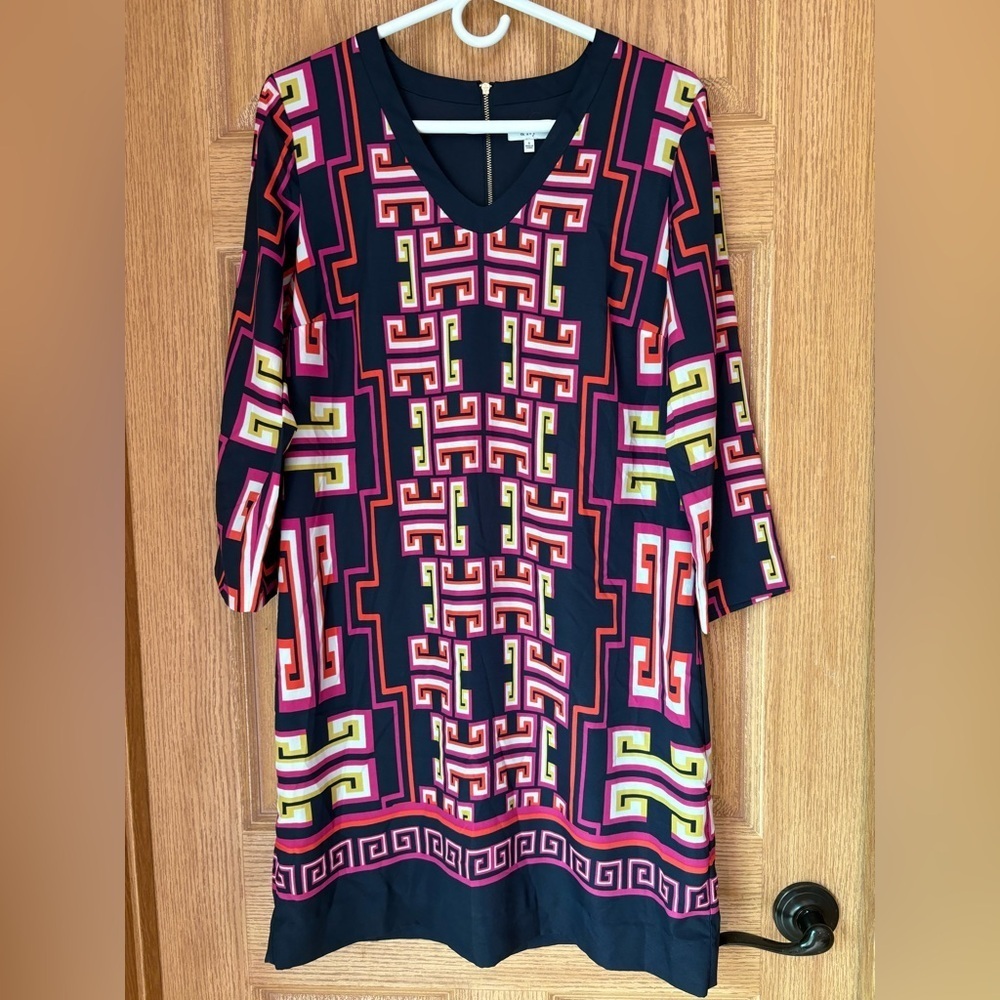 Crown & Ivy Navy Pink Greek Geometric Key Print Tunic Shift Dress size 6